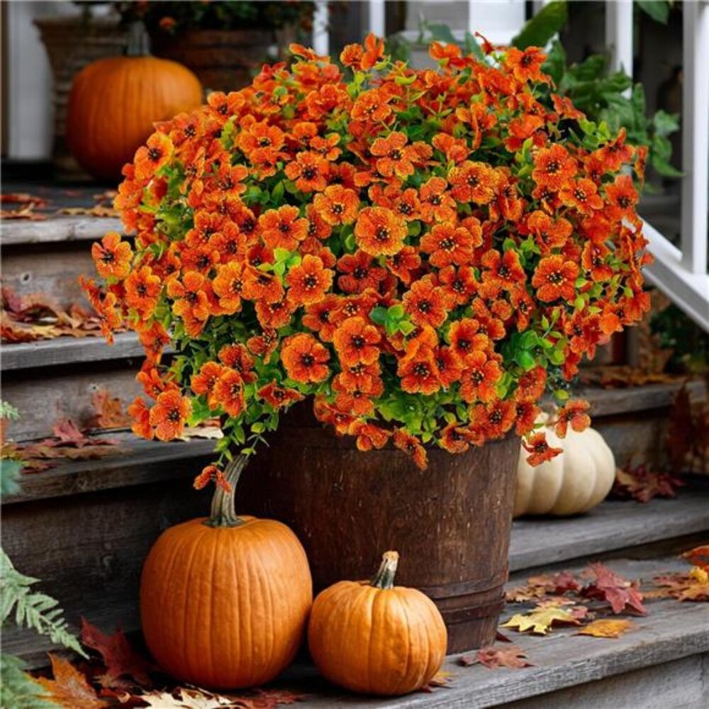Artificial Fall Flowers Outdoor Fake Mums - 16 Bundles Fake Plants UV Resistant
